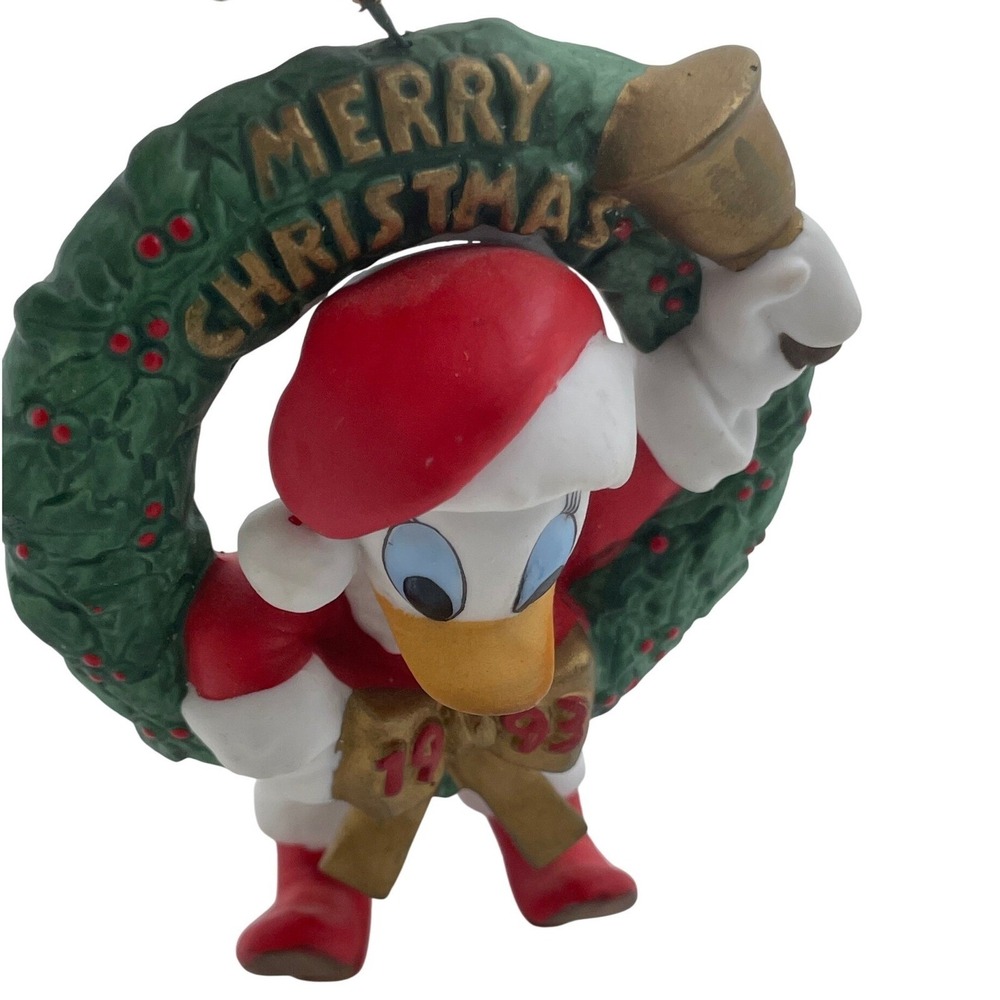 Vintage Disney Daisy Duck 1993 Christmas Ornament Santa Suit Wreath Bell Taiwan